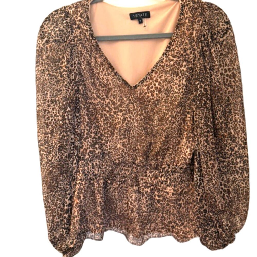 1.STATE Leopard Print Peplum Blouse Size Small Sheer Long Sleeve V Neck